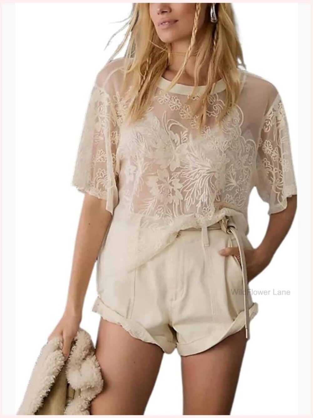 Sexy Short Sleeve Mesh Top Embroidered Sheer See Through Lace T-Shirt Blouse